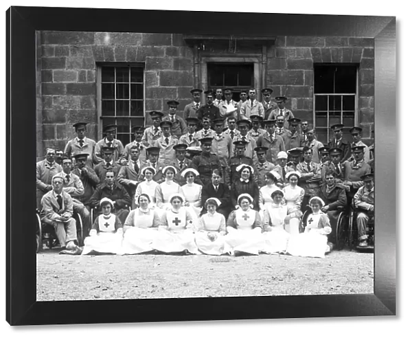 Staff and patients outside the Royal Cornwall Infirmary, Truro, Cornwall. 21st July 1916