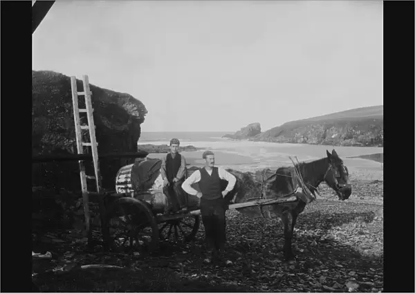 Collecting water with horse and cart at East Bay, Trevone, Padstow, Cornwall. 1911