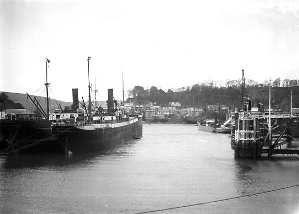 Steamers moored off clay jetties, Fowey harbour, Cornwall. After 1912