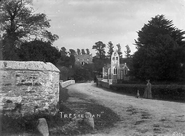 Tresillian Bridge with lady and dog, Tresillian, Cornwall. Around 1904