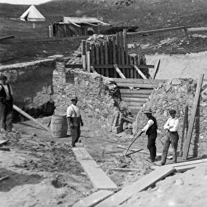 Men working at the excavation of St Pirans Oratory, Perranzabuloe, Cornwall. 1910