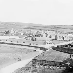 The promenade and town from Cliff Road, Perranporth, Perranzabuloe, Cornwall. Early 1900s