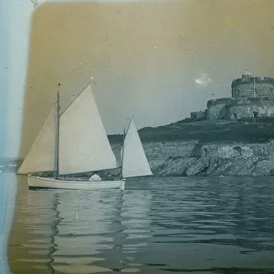 St Mawes Castle from the estuary with a yacht, Cornwall. Around 1925