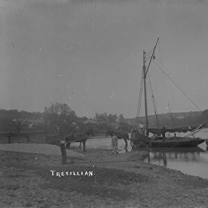 Unloading coal from a barge on the Tresillian River, Tresillian, Cornwall. 1890s
