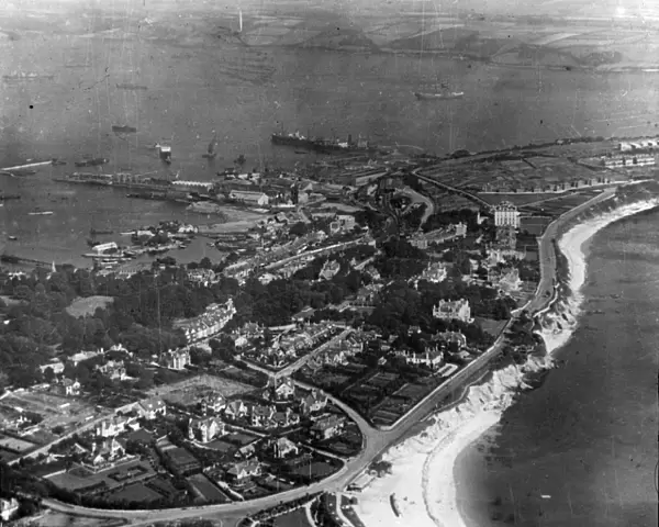 Aerial view over Gyllyngvase and part of the docks. Cornwall. Around 1925