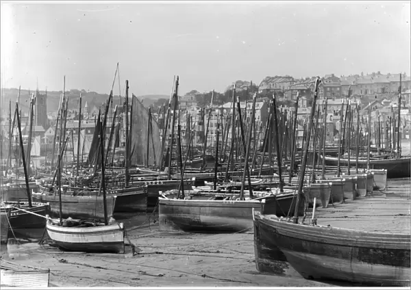 Harbour crowded with fishing boats, St Ives, Cornwall. Early 1900s
