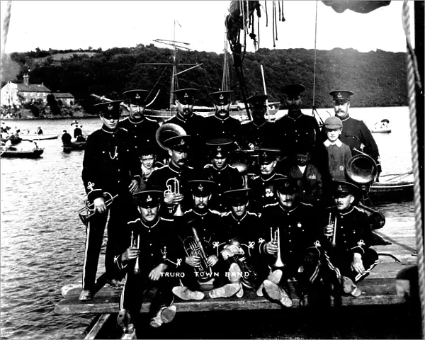 Truro Town Band at Malpas regatta, Cornwall. Probably 1909