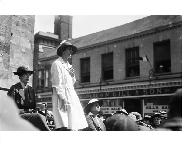 Member of the Womens Land Army making a speech, Boscawen Street, Truro, Cornwall. 12th July 1918