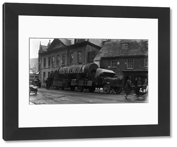 Lorry carrying a large boiler through Truro, Cornwall. September 1926