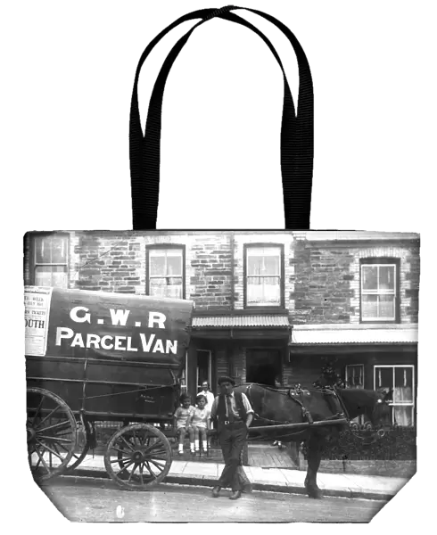 Great Western Railway horse-drawn parcel van outside the terraced house Fern Dale, Newquay, Cornwall. Probably 1932