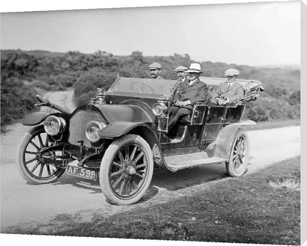 A Darracq motor car. Probably photographed on the open moor between Chun and Men-an-Tol, near Penzance, Cornwall. 1911