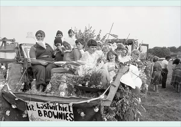1st Lostwithiel Brownies carnival float, Lostwithiel, Cornwall. July 1982