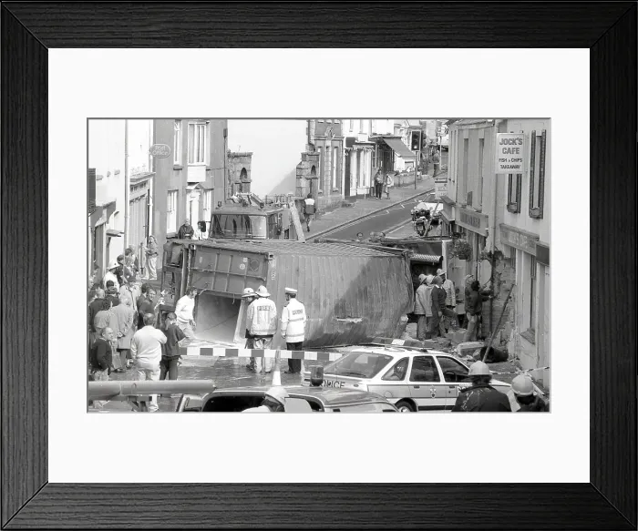 Framed Print : Lorry crash, Lostwithiel, Cornwall. September 1990 Framed Print : Lorry crash, Lostwithiel, Cornwall. September 1990