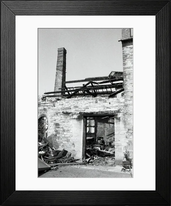 Framed Print : Fire damage, Great Western Commercial Village, Lostwithiel, Cornwall. February 1987