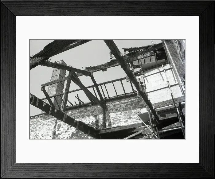 Framed Print : Fire damage, Great Western Commercial Village, Lostwithiel, Cornwall. May 1987