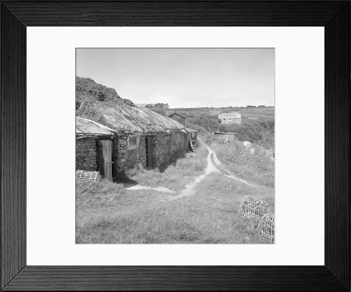 Framed Print : Fishermens huts and lobster pots, Prussia Cove, St Hilary, Cornwall. 1970