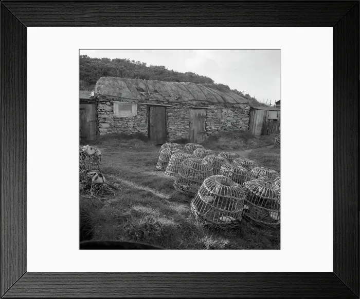 Framed Print : Fishermens huts and lobster pots, Prussia Cove, St Hilary, Cornwall. 1970 Framed Print : Fishermens huts and lobster pots, Prussia Cove, St Hilary, Cornwall. 1970