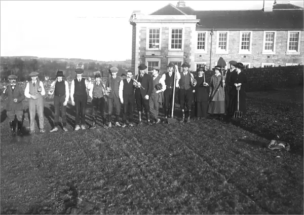 Digging over land outside Old County Hall, Truro, Cornwall for potato planting. January 1917