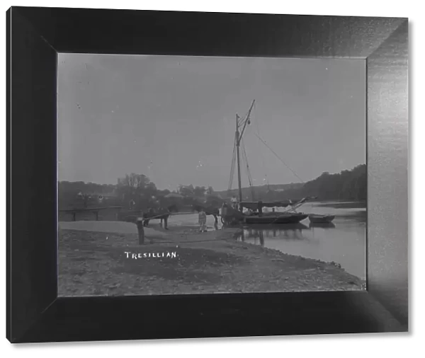 Unloading coal from a barge on the Tresillian River, Tresillian, Cornwall. 1890s