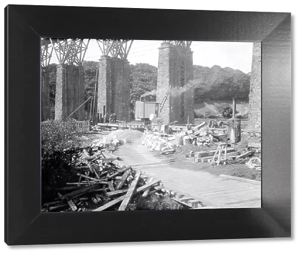 Old Carnon Valley viaduct showing early stage of replacement, Perranwell, Cornwall. Around 1931-1932