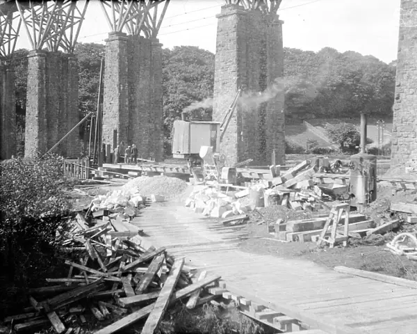 Old Carnon Valley viaduct showing early stage of replacement, Perranwell, Cornwall. Around 1931-1932