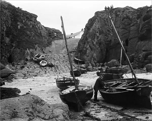 Bill Harvey with his fishing boat, Alpha, Porthgwarra, Cornwall. 1903