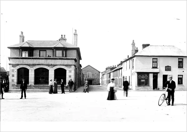 Bank Square, looking towards the Consolidated Bank of Cornwall and Chapel Street, St Just in Penwith, Cornwall. Early 1900s