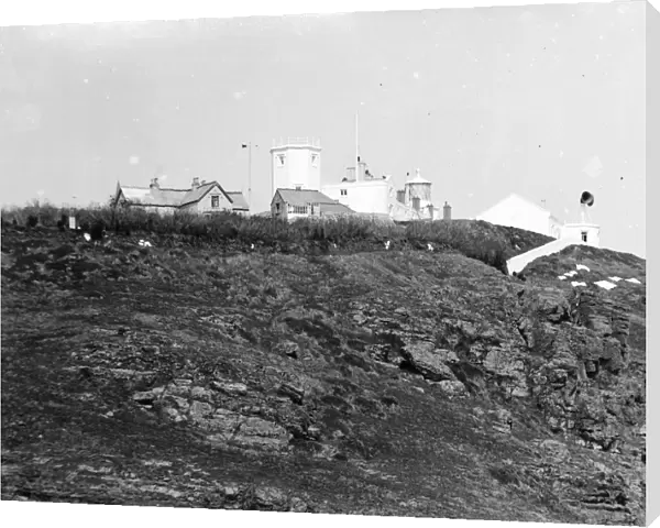Lizard lighthouse from top of the cliff, showing the foghorn, Landewednack, Cornwall. After 1903