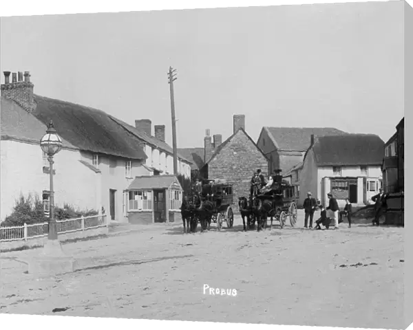 Horse buses in The Square, Probus, Cornwall. Early 1900s