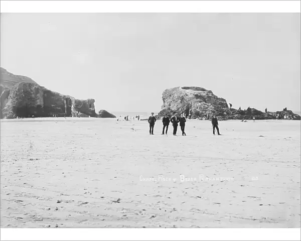 Beach with Retreat Rocks and Chapel Rock, Perranporth, Perranzabuloe, Cornwall. Early 1900s