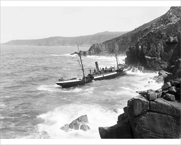 General view of the French SS Paknam wrecked at Pendeen, St Just in Penwith, Cornwall. May 1895