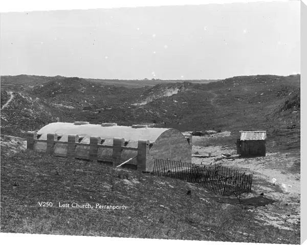 A view of St Pirans Oratory under the new concrete shell, Perranzabuloe, Cornwall. 1910 or soon after