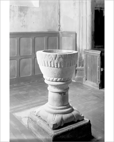 The Norman font, Church of St Sithney, Sithney, Cornwall. April 1935