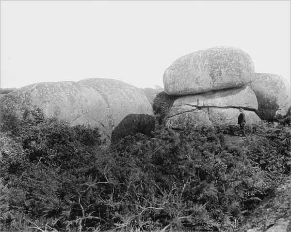 A view of huge granite boulders near Luxulyan Valley, Cornwall. 1909