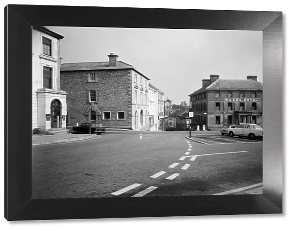 The Parade, from Barras Place or West Street, looking towards Pike Street and Webbs Hotel, Liskeard, Cornwall. 1969