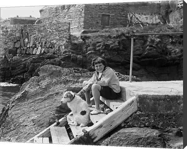 Jill Trounson at the Fly pilchard cellar, Newquay, Cornwall. Probably 1921