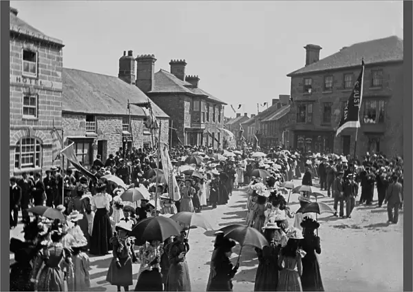 Wesleyan Sunday School procession entering Market Square, St Just in Penwith, Cornwall. Early 1900s