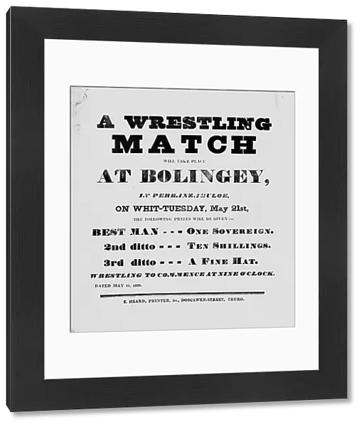 Wrestling match advertisement, Bolingey, Perranzabuloe, Cornwall. 15th May 1839