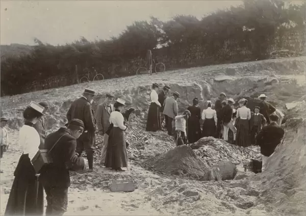 Group at the excavation site of the Iron Age cemetery at Harlyn Bay, St Merryn, Cornwall. 1900