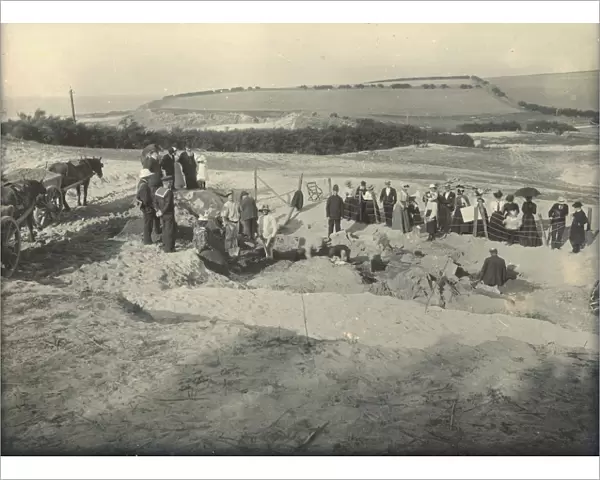 Group at the excavation site of the Iron Age cemetery at Harlyn Bay, St Merryn, Cornwall. 1900