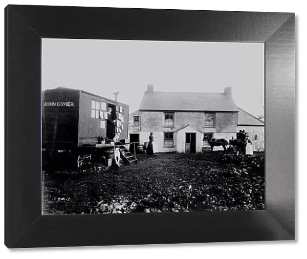 Samuel John Goviers photographic van by an unidentified cottage, presumably in West Cornwall. Early 1900s