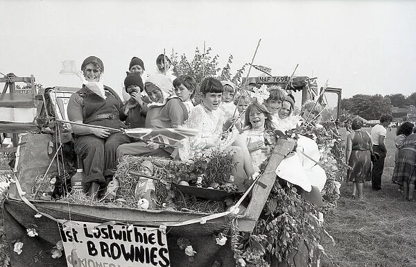 1st Lostwithiel Brownies carnival float, Lostwithiel, Cornwall. July 1982