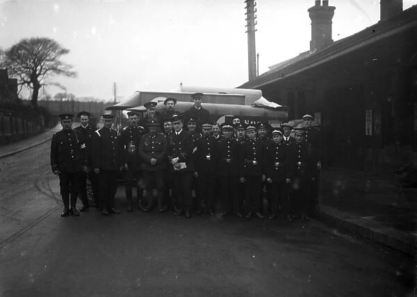 Ambulance crews, Truro railway station, Cornwall. Around Christmas 1917