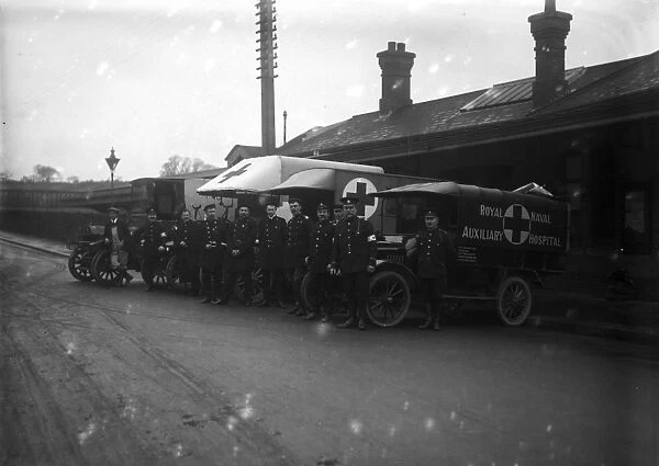 Ambulance crews, Truro railway station, Cornwall. Around Christmas 1917