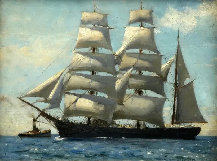 Framed Print : Barque in Full Sail Dropping Her Tug, Henry Scott Tuke (1858-1929)