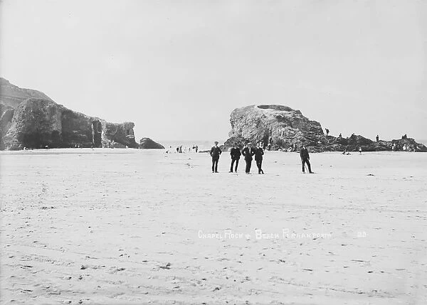 Beach with Retreat Rocks and Chapel Rock, Perranporth, Perranzabuloe, Cornwall. Early 1900s
