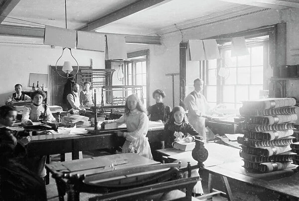 Blackfords printing works book-binding room, Truro, Cornwall. Early 1900s