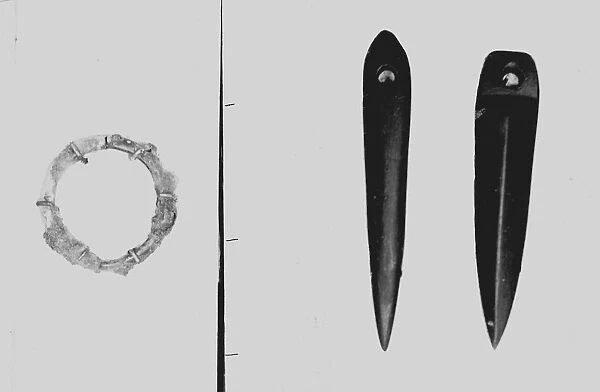 Bronze ring and casts of slate needles from the Iron Age cemetery at Harlyn Bay, St Merryn, Cornwall. 1900