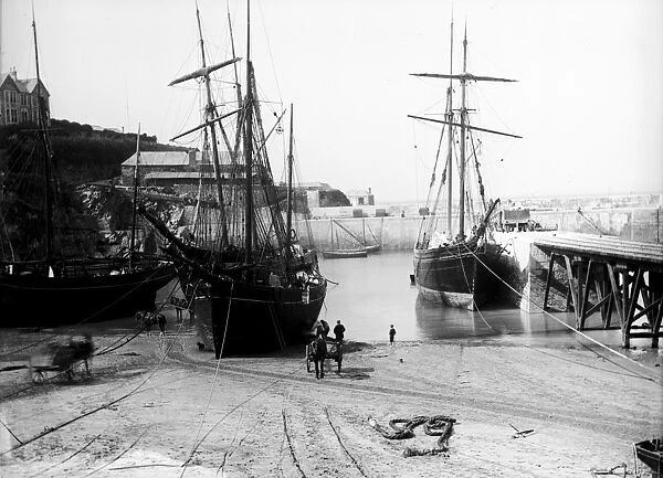 Coasters in the harbour, Newquay, Cornwall. Late 1800s