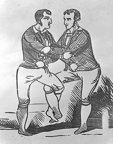Cornish wrestlers, wood block print. 1820-1830